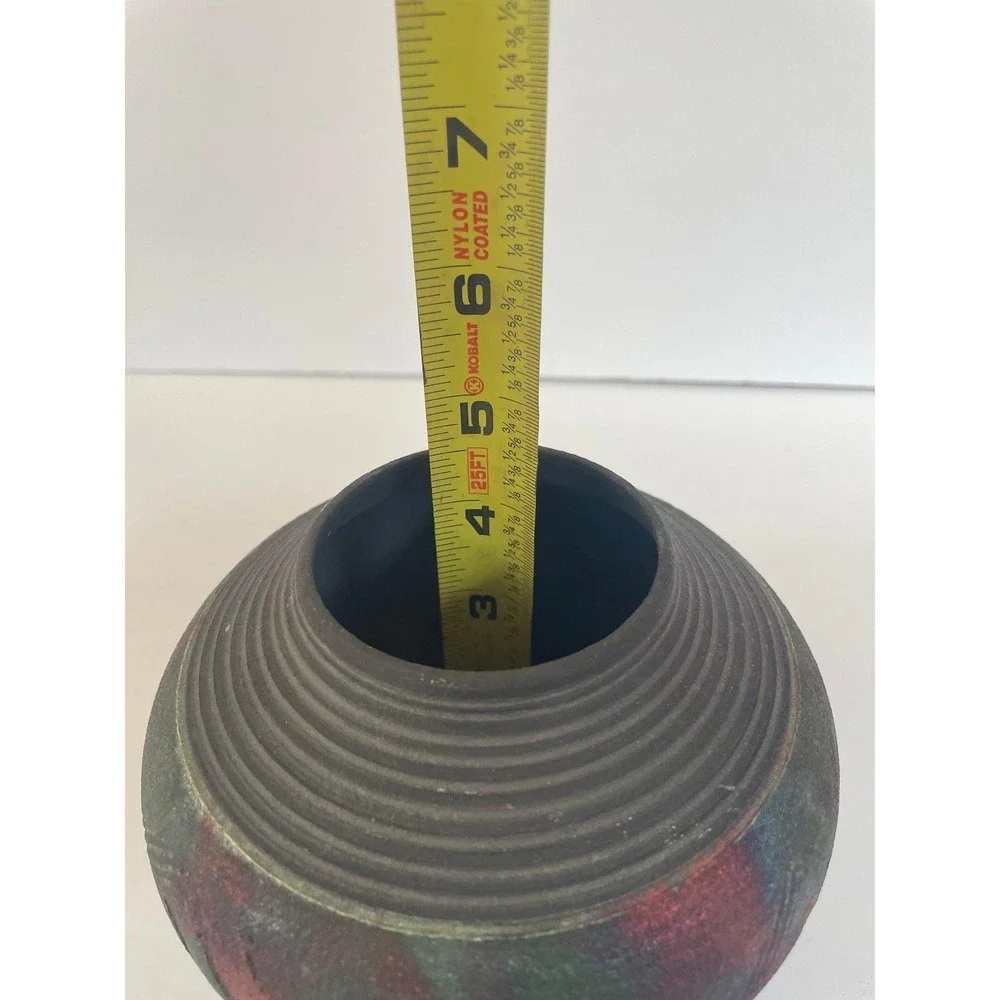 Raku Studio Pottery Iridescent Metallic Glaze Ribbed‎ Neck Vase Signed 6 Inch D